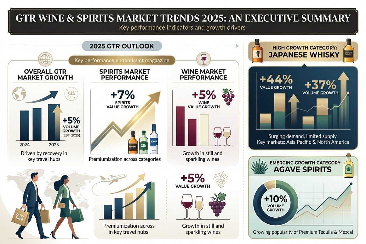 nel 2025 i volumi complessivi di vino e spirits nel Global Travel Retail sono cresciuti del 5%
